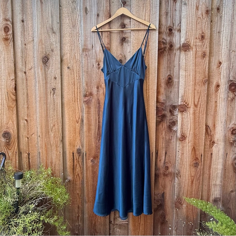 Peacock Teal Blue Satin Tie-Back Midi Slip Dress πΏ - Picture 3 of 10